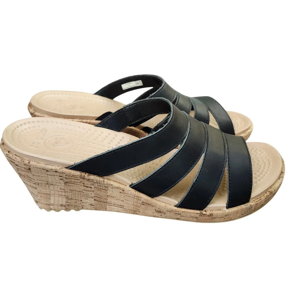 Crocs A-Leigh Leather Slide Wedge Black Tan Cork Sandals Womens 9 Beach Comfort
